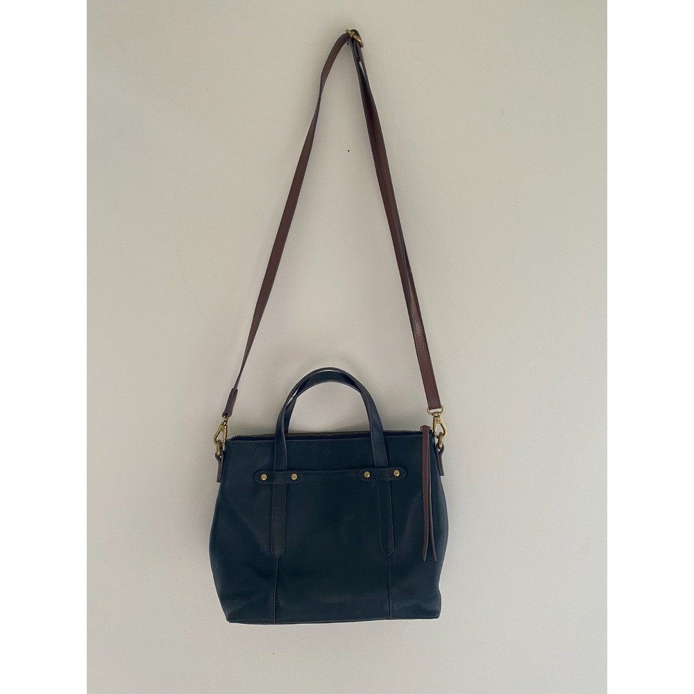 Fossil Leather Crossbody Tote Bag Black Brown Satchel Purse Brass Hardware